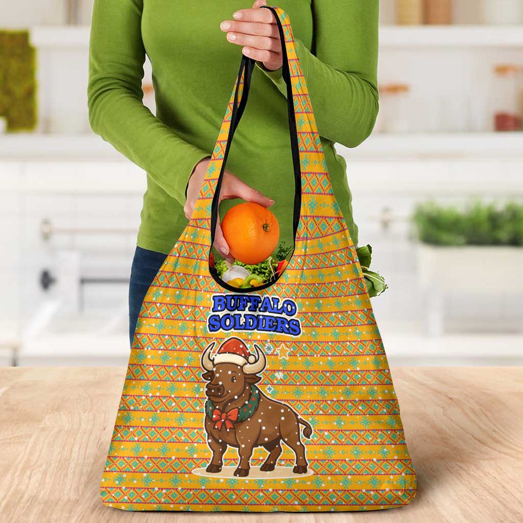 Buffalo Soldiers Christmas Grocery Bag with Yellow Cartoon Buffalo Santa Hat Design - Wonder Print Shop