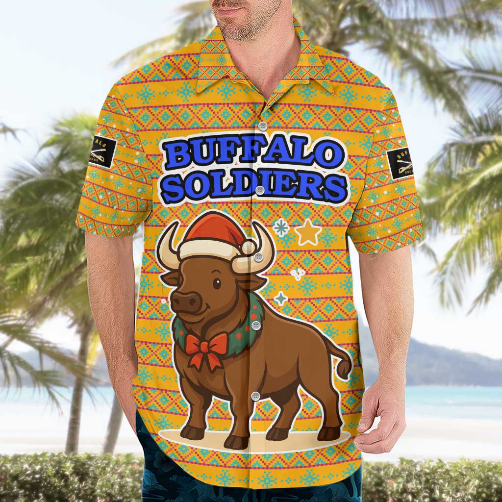Buffalo Soldiers Christmas Hawaiian Shirt with Yellow Cartoon Buffalo Santa Hat Design - Wonder Print Shop