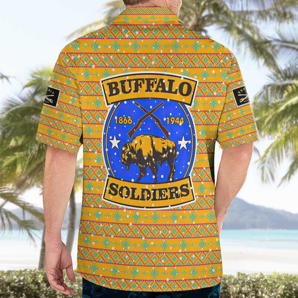Buffalo Soldiers Christmas Hawaiian Shirt with Yellow Cartoon Buffalo Santa Hat Design - Wonder Print Shop