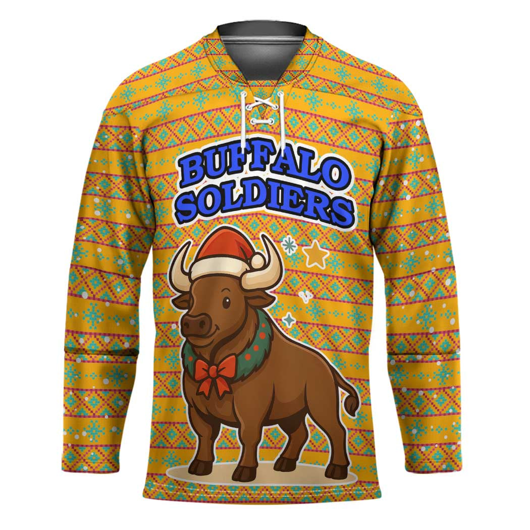 Buffalo Soldiers Christmas Hockey Jersey with Yellow Cartoon Buffalo Santa Hat Design - Wonder Print Shop