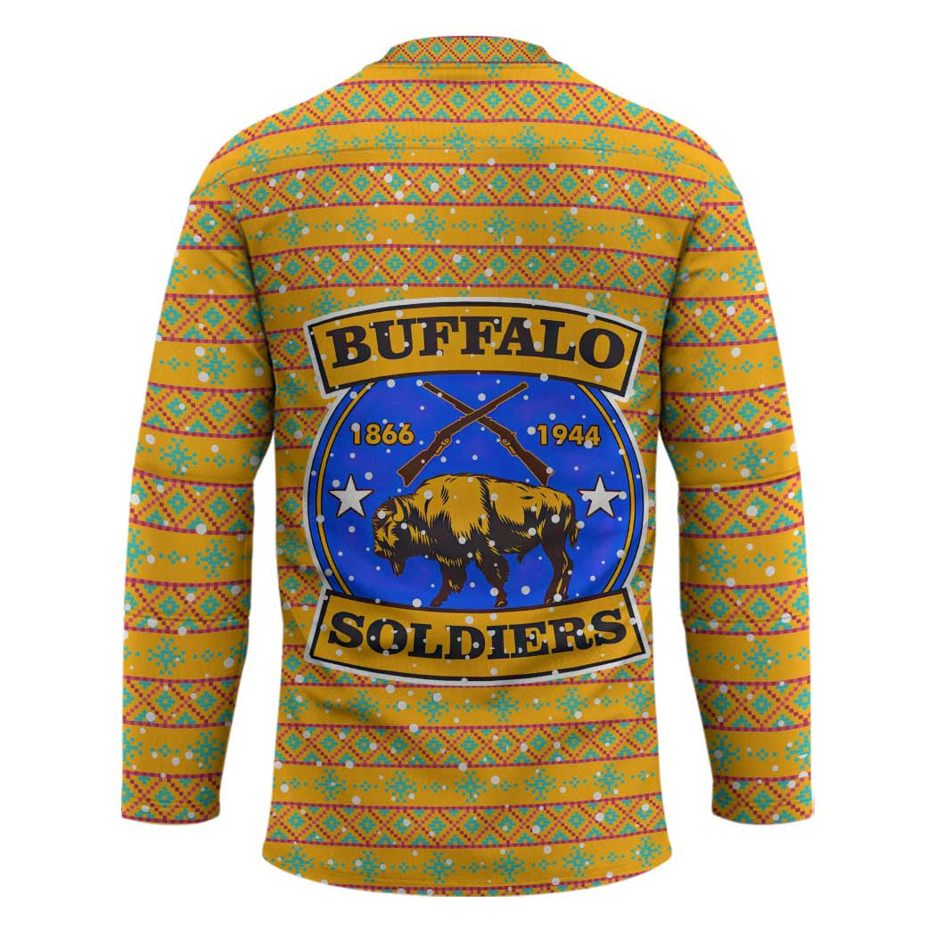 Buffalo Soldiers Christmas Hockey Jersey with Yellow Cartoon Buffalo Santa Hat Design - Wonder Print Shop