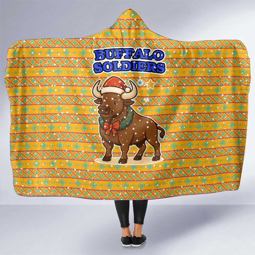 Buffalo Soldiers Christmas Hooded Blanket with Yellow Cartoon Buffalo Santa Hat Design - Wonder Print Shop