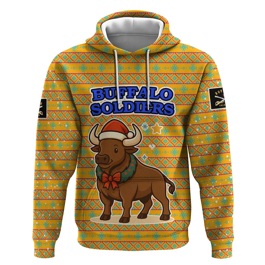 Buffalo Soldiers Christmas Hoodie with Yellow Cartoon Buffalo Santa Hat Design - Wonder Print Shop