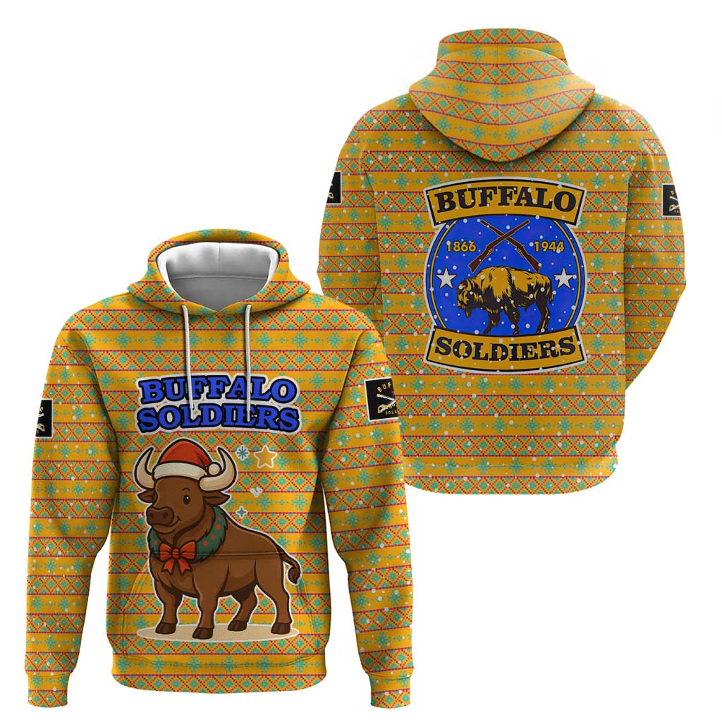 Buffalo Soldiers Christmas Hoodie with Yellow Cartoon Buffalo Santa Hat Design - Wonder Print Shop