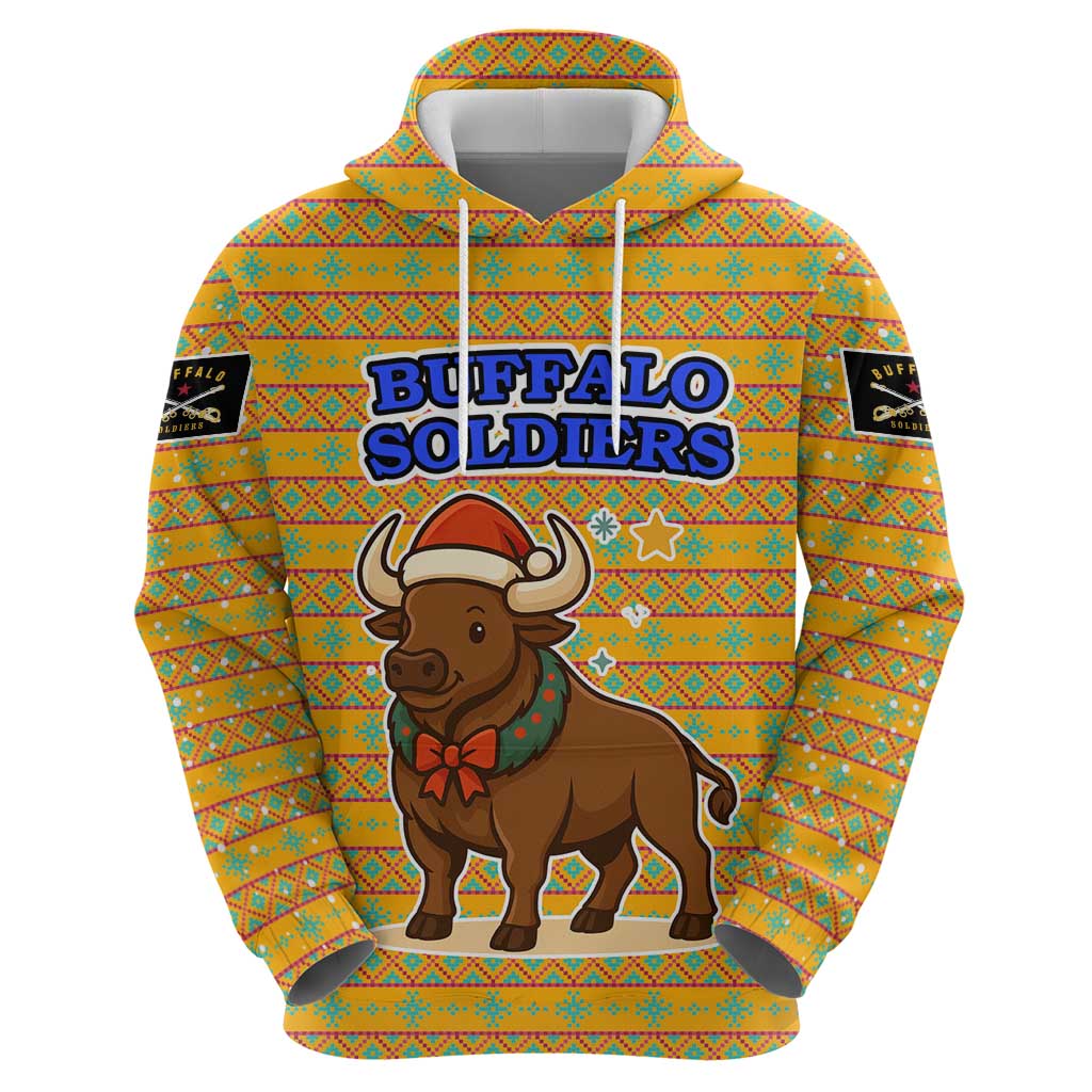 Buffalo Soldiers Christmas Hoodie with Yellow Cartoon Buffalo Santa Hat Design - Wonder Print Shop