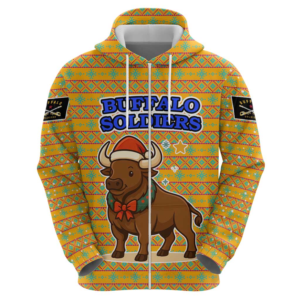 Buffalo Soldiers Christmas Hoodie with Yellow Cartoon Buffalo Santa Hat Design - Wonder Print Shop