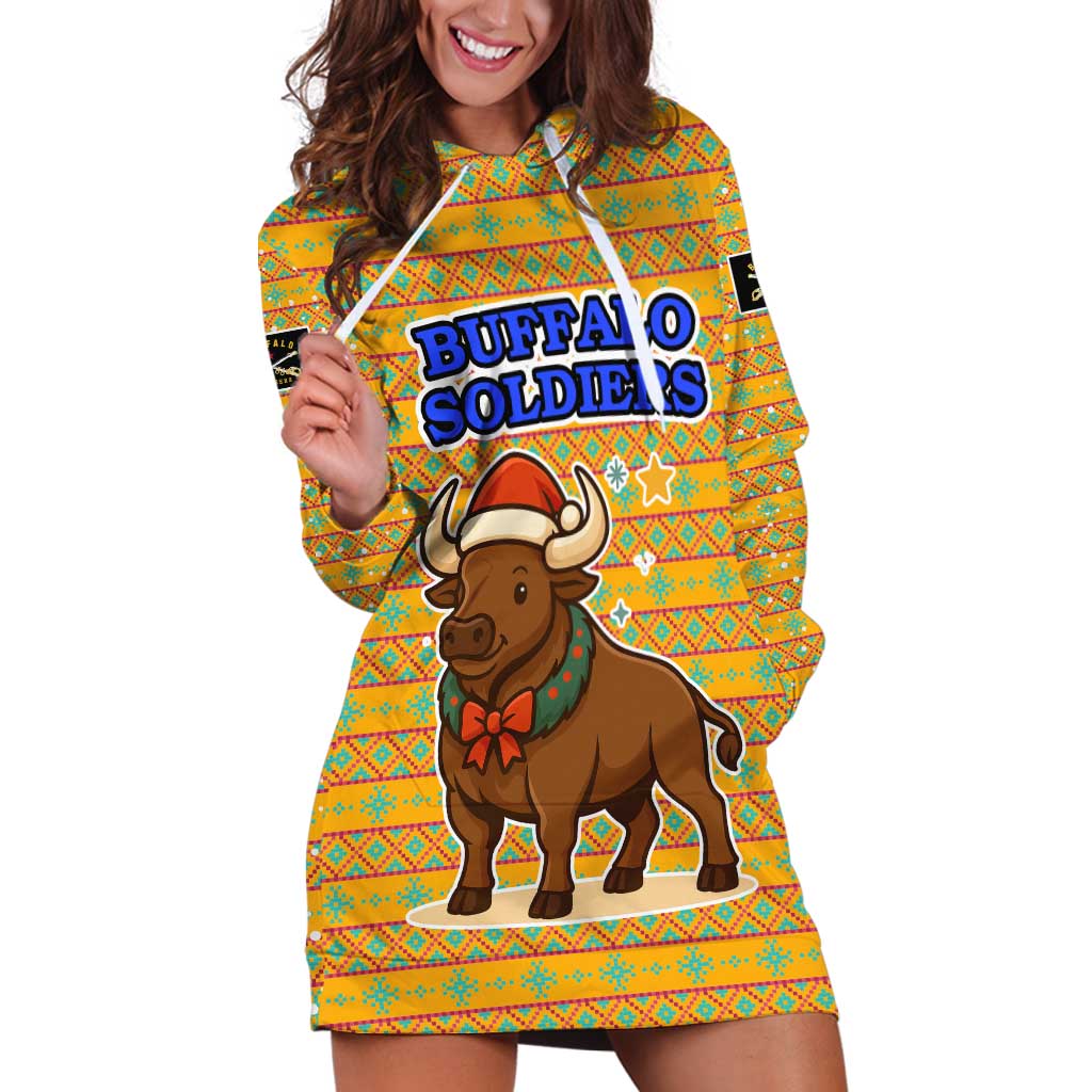 Buffalo Soldiers Christmas Hoodie Dress with Yellow Cartoon Buffalo Santa Hat Design - Wonder Print Shop