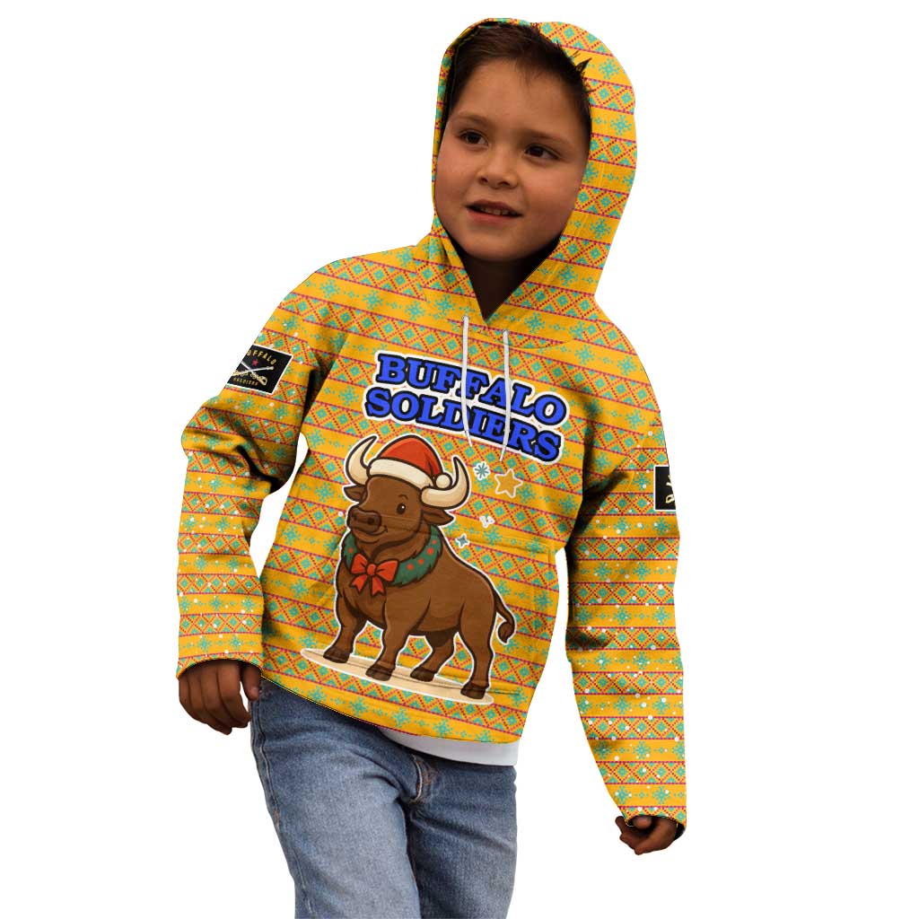 Buffalo Soldiers Christmas Kid Hoodie with Yellow Cartoon Buffalo Santa Hat Design - Wonder Print Shop