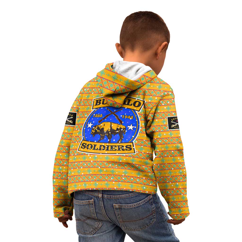 Buffalo Soldiers Christmas Kid Hoodie with Yellow Cartoon Buffalo Santa Hat Design - Wonder Print Shop