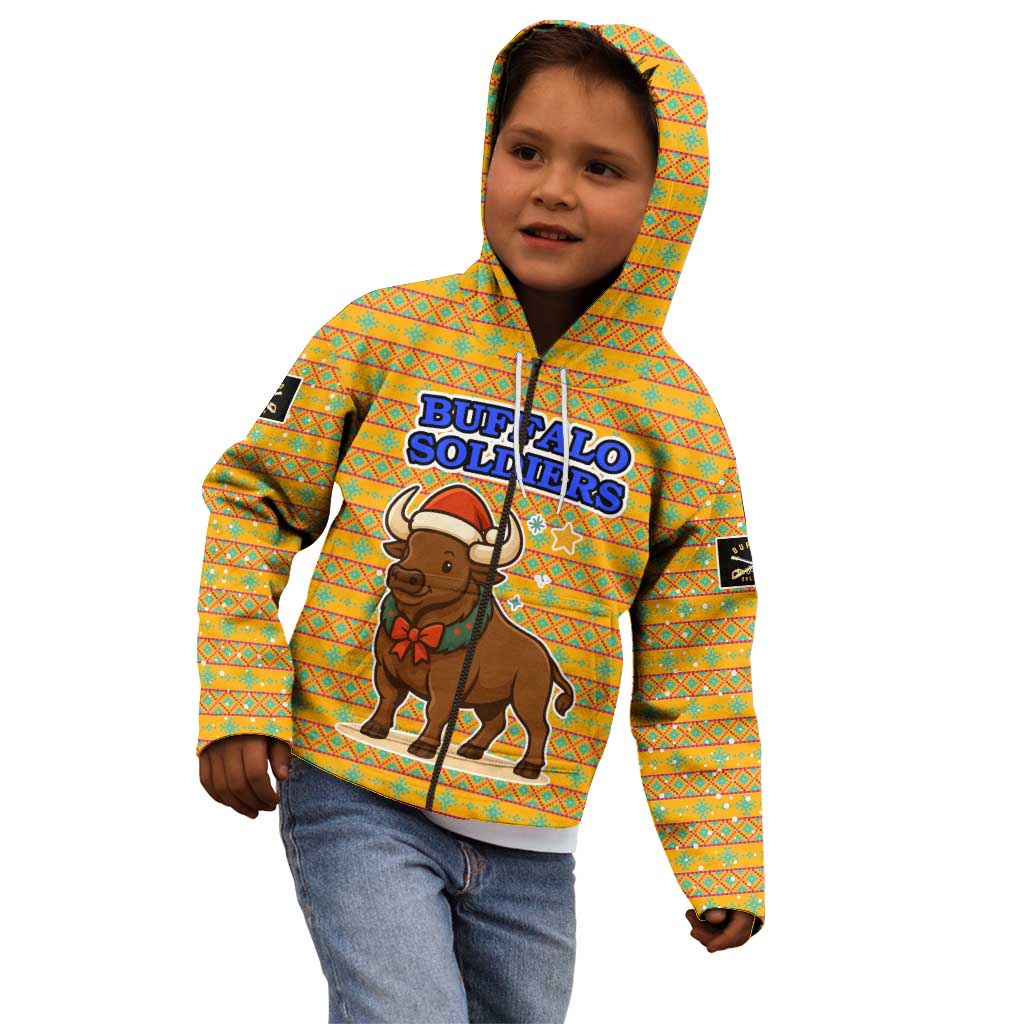 Buffalo Soldiers Christmas Kid Hoodie with Yellow Cartoon Buffalo Santa Hat Design - Wonder Print Shop