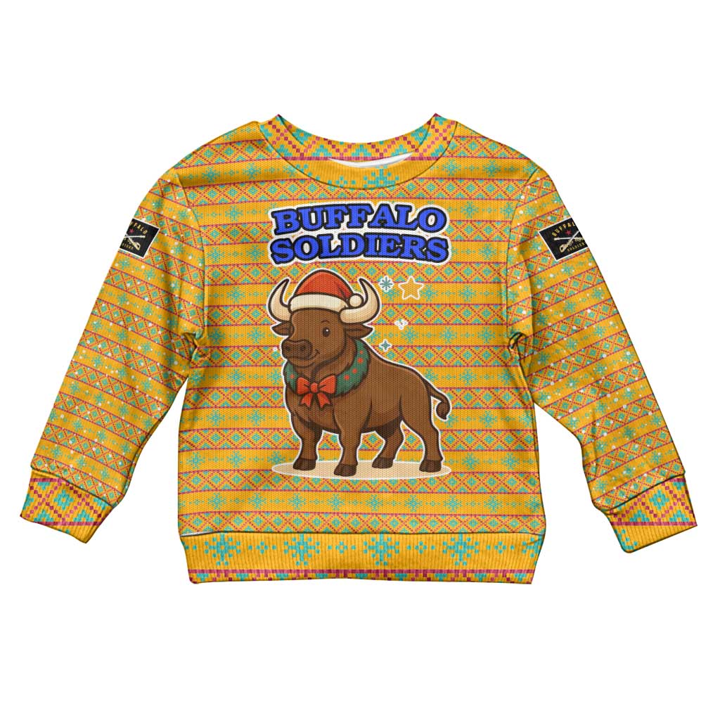 Buffalo Soldiers Christmas Kid Ugly Christmas Sweater with Yellow Cartoon Buffalo Santa Hat Design - Wonder Print Shop