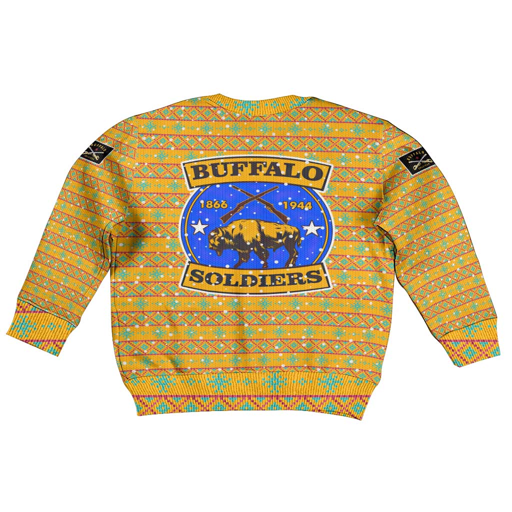 Buffalo Soldiers Christmas Kid Ugly Christmas Sweater with Yellow Cartoon Buffalo Santa Hat Design - Wonder Print Shop