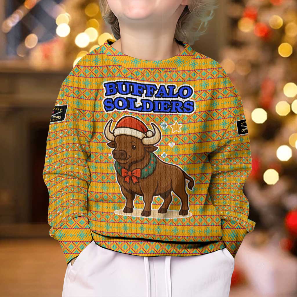 Buffalo Soldiers Christmas Kid Ugly Christmas Sweater with Yellow Cartoon Buffalo Santa Hat Design - Wonder Print Shop