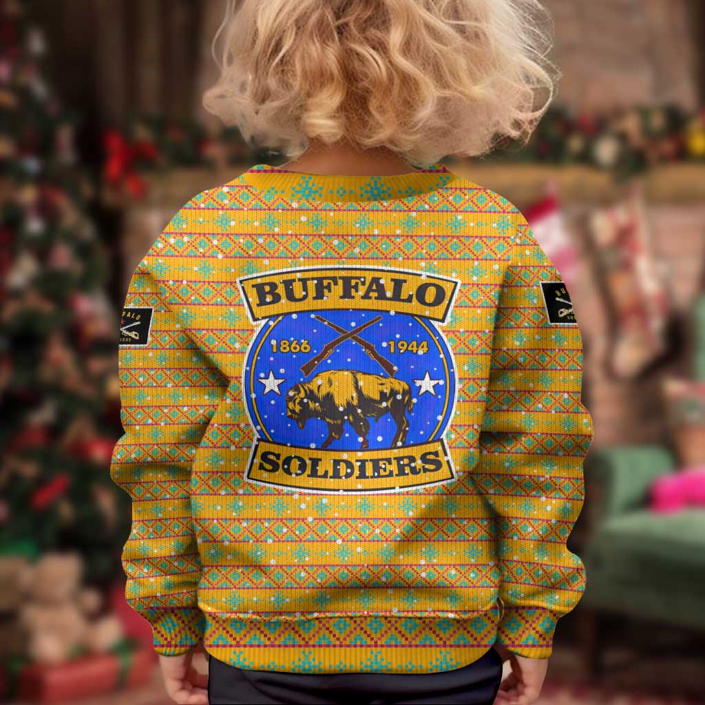 Buffalo Soldiers Christmas Kid Ugly Christmas Sweater with Yellow Cartoon Buffalo Santa Hat Design - Wonder Print Shop
