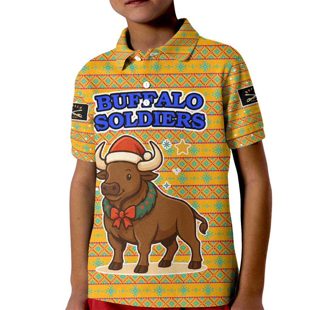 Buffalo Soldiers Christmas Kid Polo Shirt with Yellow Cartoon Buffalo Santa Hat Design - Wonder Print Shop