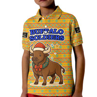 Buffalo Soldiers Christmas Kid Polo Shirt with Yellow Cartoon Buffalo Santa Hat Design - Wonder Print Shop