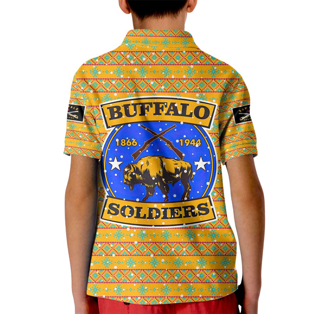 Buffalo Soldiers Christmas Kid Polo Shirt with Yellow Cartoon Buffalo Santa Hat Design - Wonder Print Shop