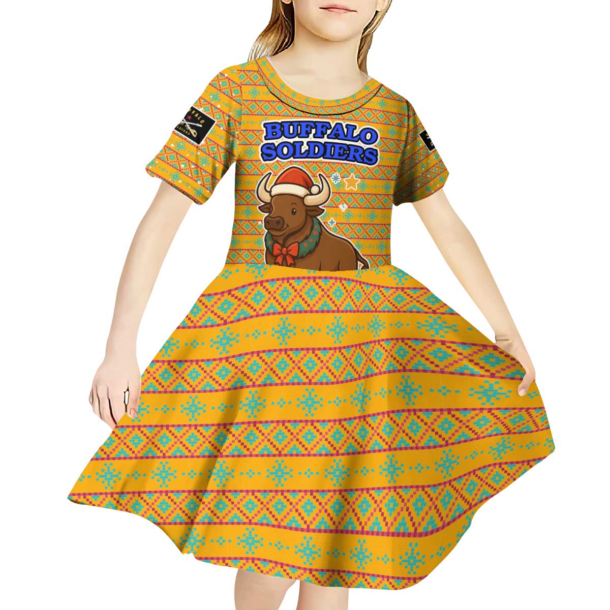 Buffalo Soldiers Christmas Kid Short Sleeve Dress with Yellow Cartoon Buffalo Santa Hat Design - Wonder Print Shop