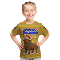 Buffalo Soldiers Christmas Kid T Shirt with Yellow Cartoon Buffalo Santa Hat Design - Wonder Print Shop