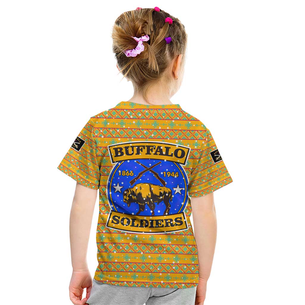 Buffalo Soldiers Christmas Kid T Shirt with Yellow Cartoon Buffalo Santa Hat Design - Wonder Print Shop