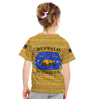 Buffalo Soldiers Christmas Kid T Shirt with Yellow Cartoon Buffalo Santa Hat Design - Wonder Print Shop