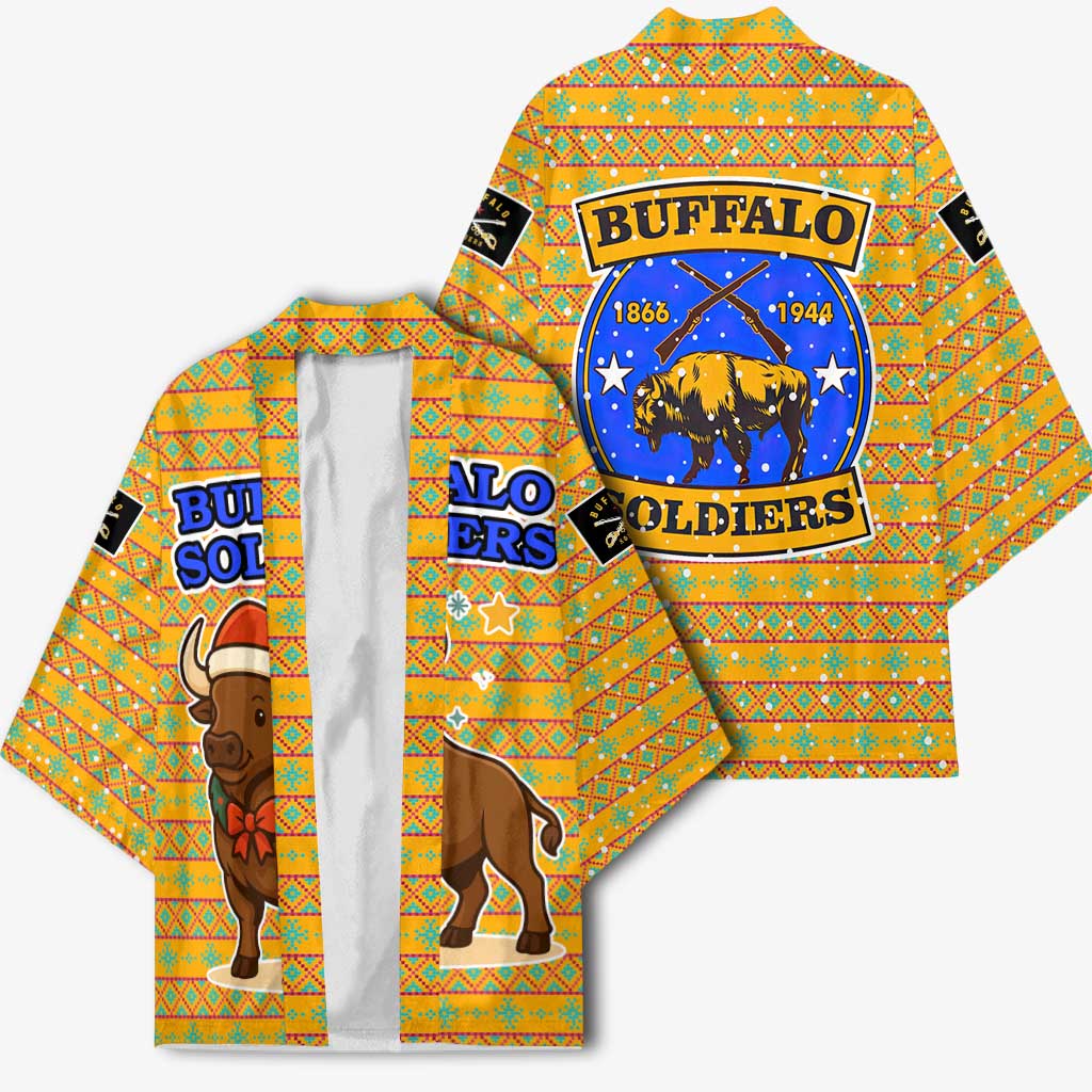 Buffalo Soldiers Christmas Kimono with Yellow Cartoon Buffalo Santa Hat Design - Wonder Print Shop
