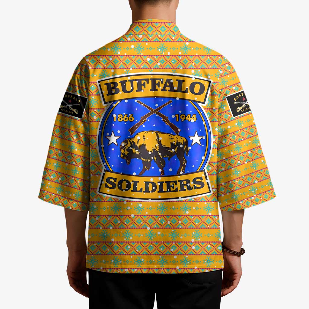 Buffalo Soldiers Christmas Kimono with Yellow Cartoon Buffalo Santa Hat Design - Wonder Print Shop