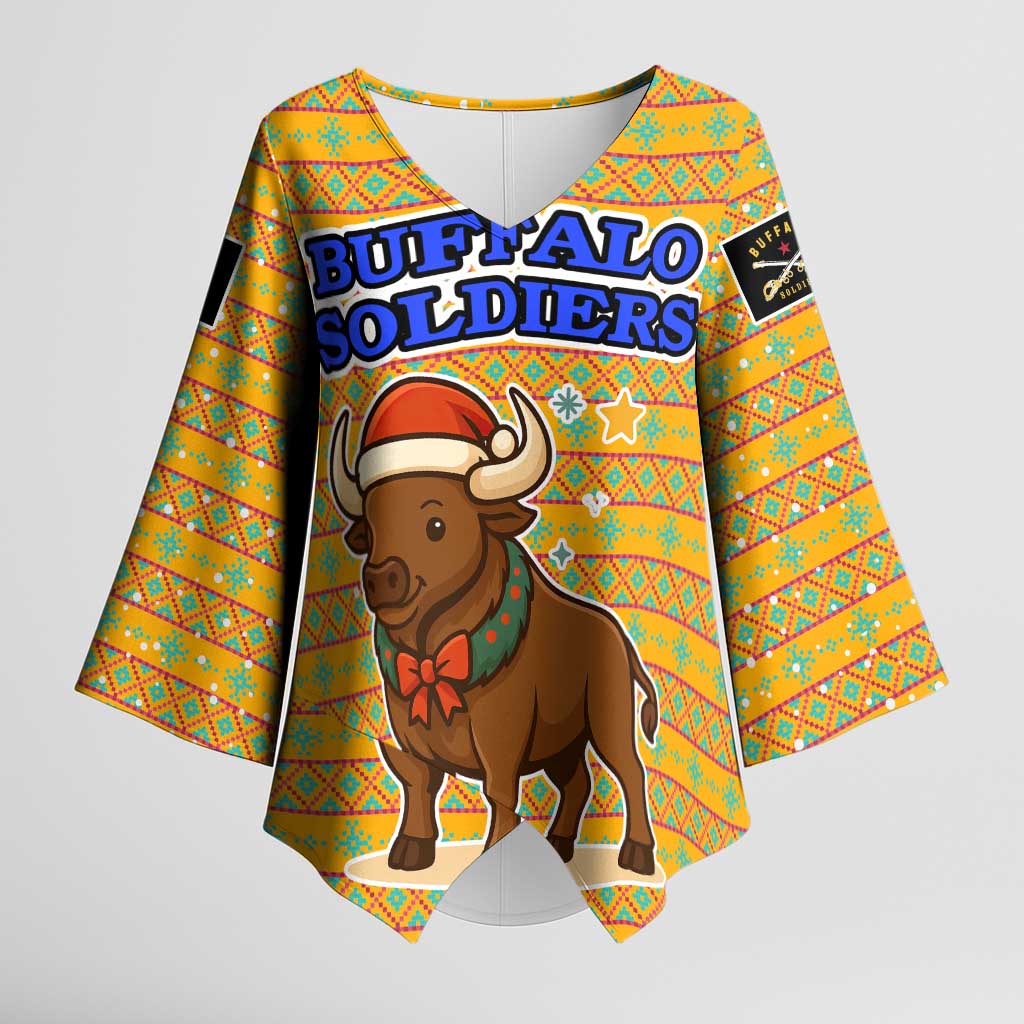 Buffalo Soldiers Christmas Kimono Sleeve Blouse with Yellow Cartoon Buffalo Santa Hat Design - Wonder Print Shop