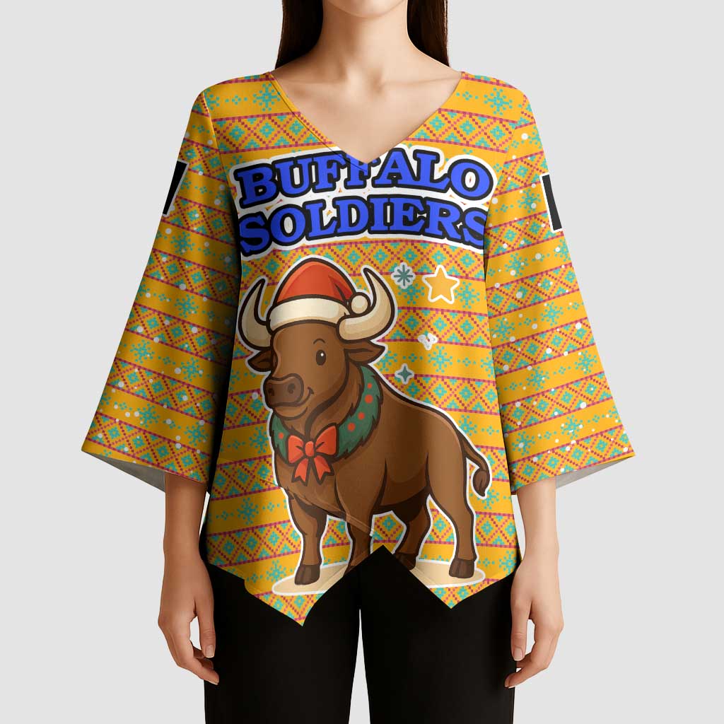 Buffalo Soldiers Christmas Kimono Sleeve Blouse with Yellow Cartoon Buffalo Santa Hat Design - Wonder Print Shop