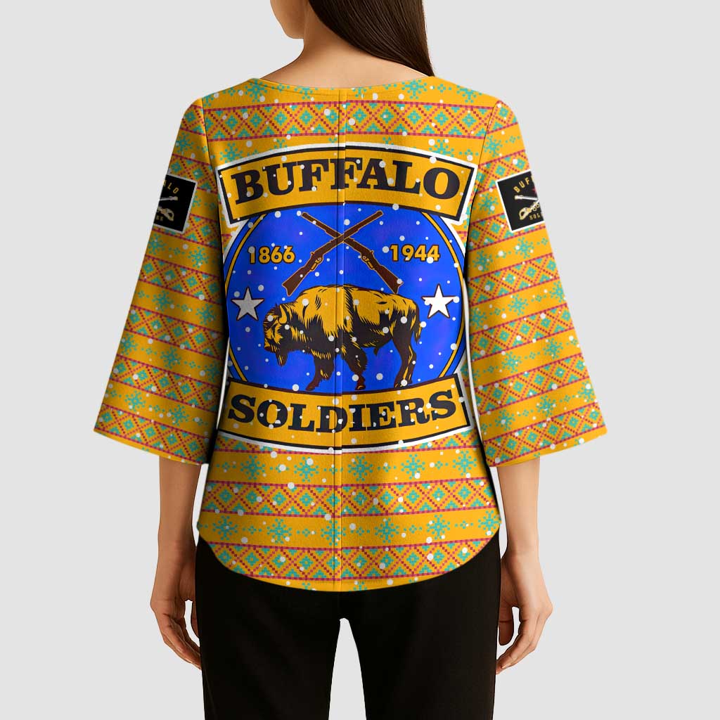 Buffalo Soldiers Christmas Kimono Sleeve Blouse with Yellow Cartoon Buffalo Santa Hat Design - Wonder Print Shop
