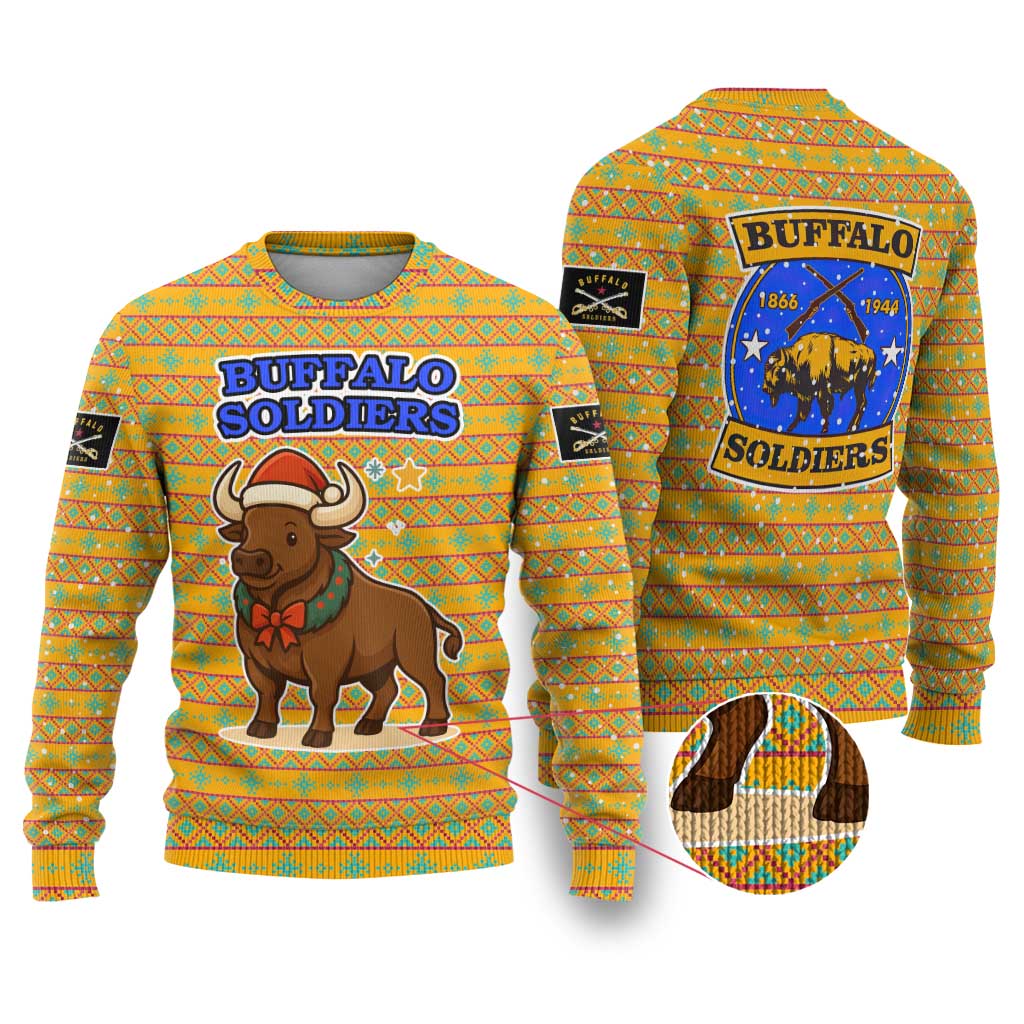 Buffalo Soldiers Christmas Ugly Christmas Sweater with Yellow Cartoon Buffalo Santa Hat Design - Wonder Print Shop