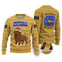 Buffalo Soldiers Christmas Ugly Christmas Sweater with Yellow Cartoon Buffalo Santa Hat Design - Wonder Print Shop
