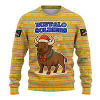 Buffalo Soldiers Christmas Ugly Christmas Sweater with Yellow Cartoon Buffalo Santa Hat Design - Wonder Print Shop