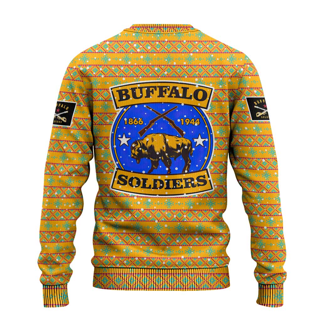Buffalo Soldiers Christmas Ugly Christmas Sweater with Yellow Cartoon Buffalo Santa Hat Design - Wonder Print Shop