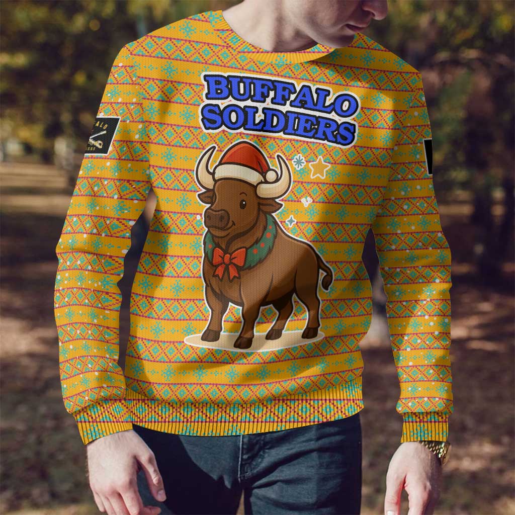 Buffalo Soldiers Christmas Ugly Christmas Sweater with Yellow Cartoon Buffalo Santa Hat Design - Wonder Print Shop