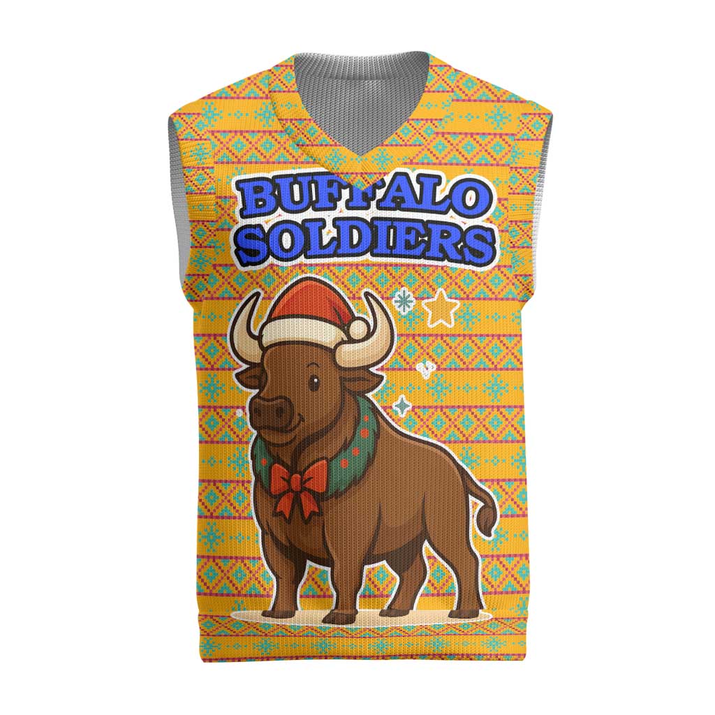 Buffalo Soldiers Christmas Knitted V-Neck Vest with Yellow Cartoon Buffalo Santa Hat Design - Wonder Print Shop