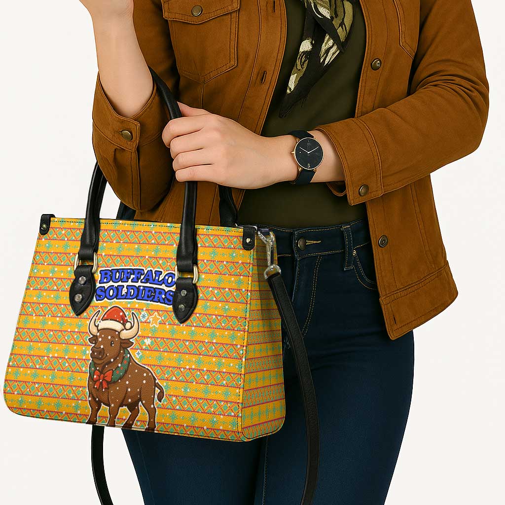 Buffalo Soldiers Christmas Leather Bag with Yellow Cartoon Buffalo Santa Hat Design - Wonder Print Shop