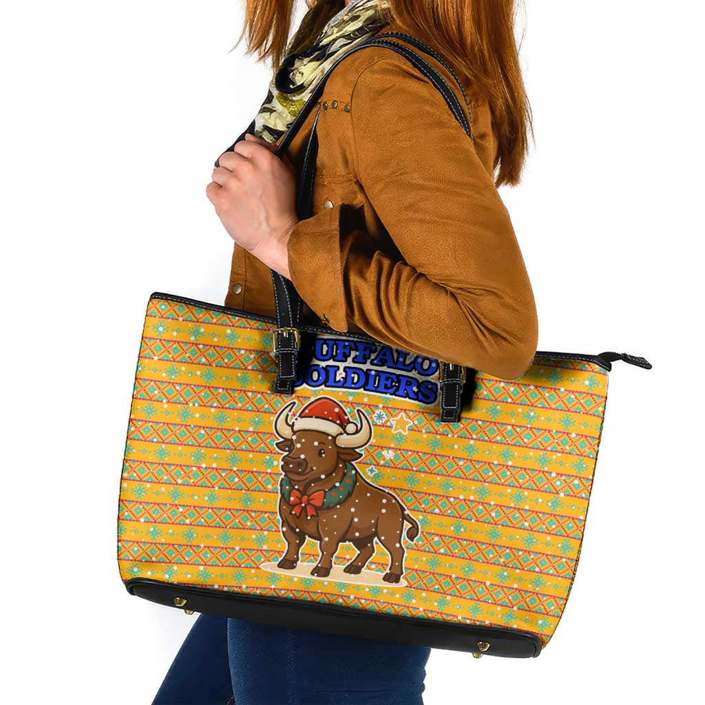 Buffalo Soldiers Christmas Leather Tote Bag with Yellow Cartoon Buffalo Santa Hat Design - Wonder Print Shop