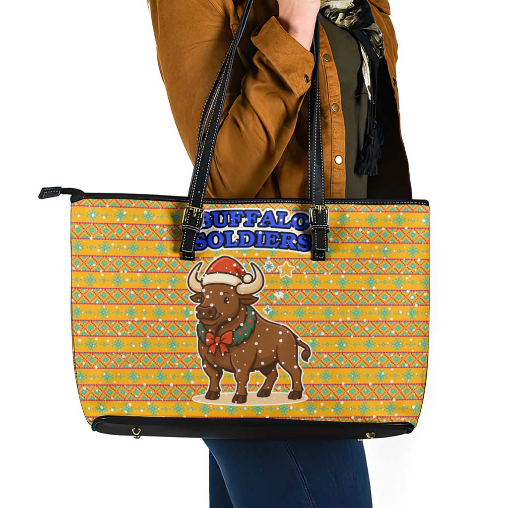 Buffalo Soldiers Christmas Leather Tote Bag with Yellow Cartoon Buffalo Santa Hat Design - Wonder Print Shop