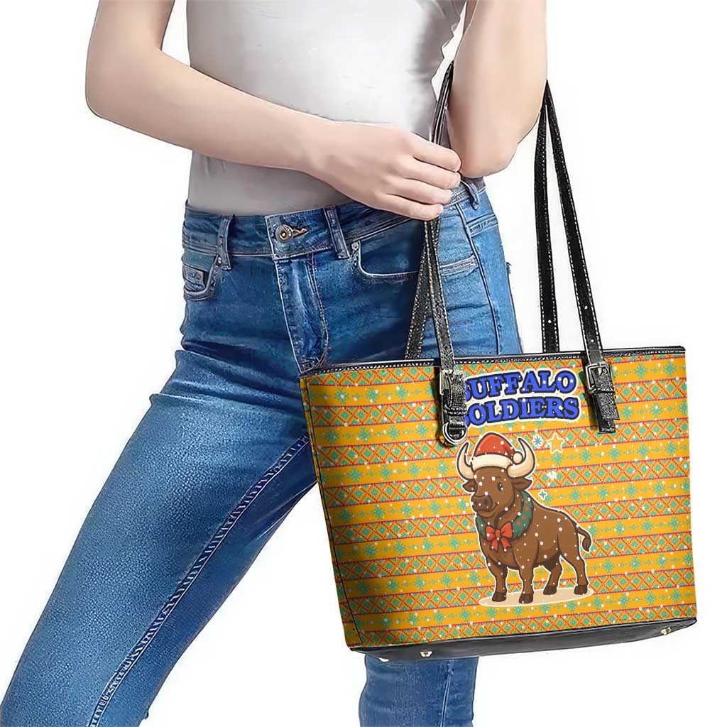 Buffalo Soldiers Christmas Leather Tote Bag with Yellow Cartoon Buffalo Santa Hat Design - Wonder Print Shop
