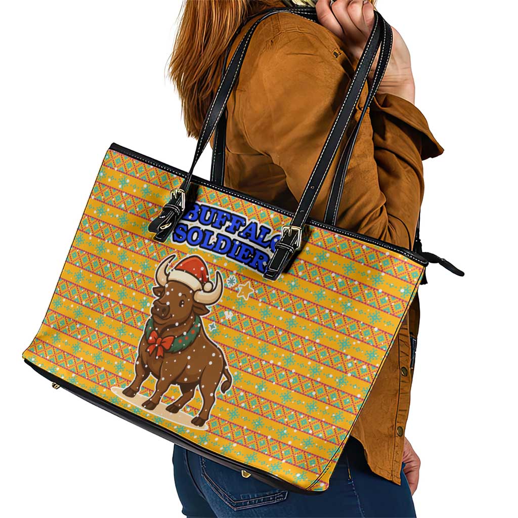 Buffalo Soldiers Christmas Leather Tote Bag with Yellow Cartoon Buffalo Santa Hat Design - Wonder Print Shop