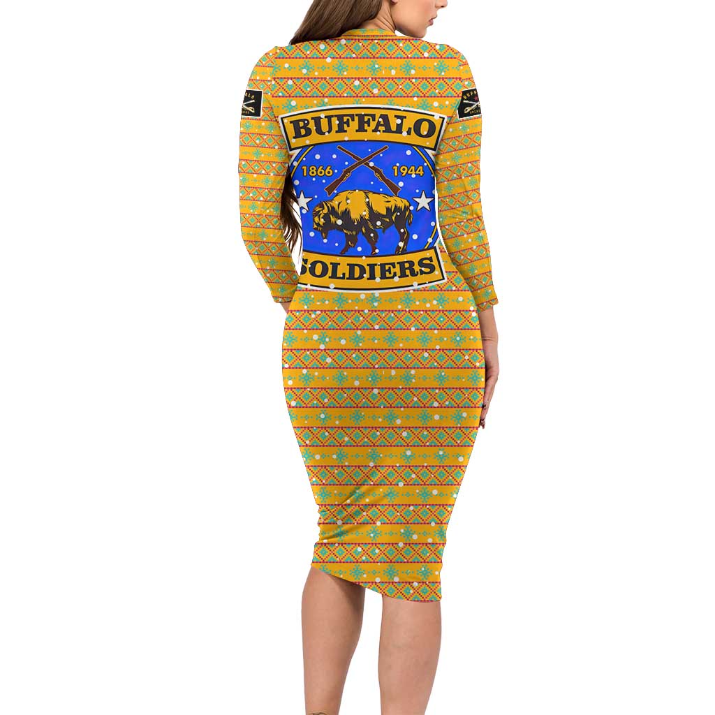 Buffalo Soldiers Christmas Long Sleeve Bodycon Dress with Yellow Cartoon Buffalo Santa Hat Design - Wonder Print Shop