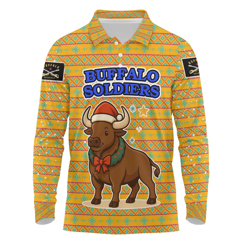 Buffalo Soldiers Christmas Long Sleeve Polo Shirt with Yellow Cartoon Buffalo Santa Hat Design - Wonder Print Shop