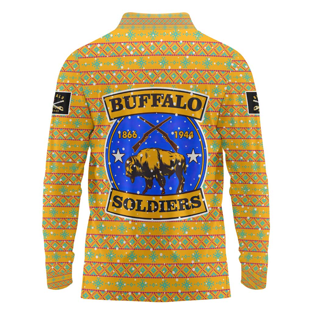 Buffalo Soldiers Christmas Long Sleeve Polo Shirt with Yellow Cartoon Buffalo Santa Hat Design - Wonder Print Shop