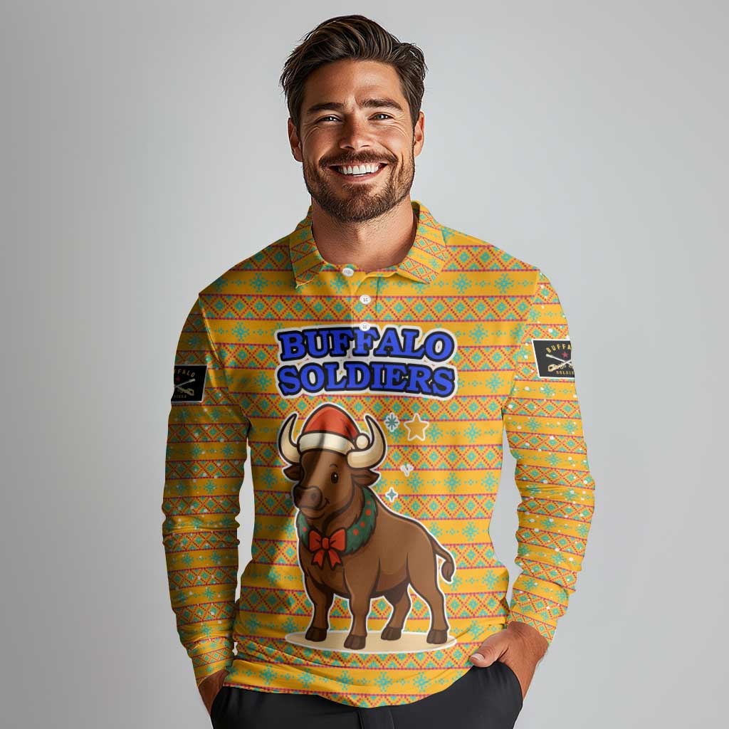 Buffalo Soldiers Christmas Long Sleeve Polo Shirt with Yellow Cartoon Buffalo Santa Hat Design - Wonder Print Shop
