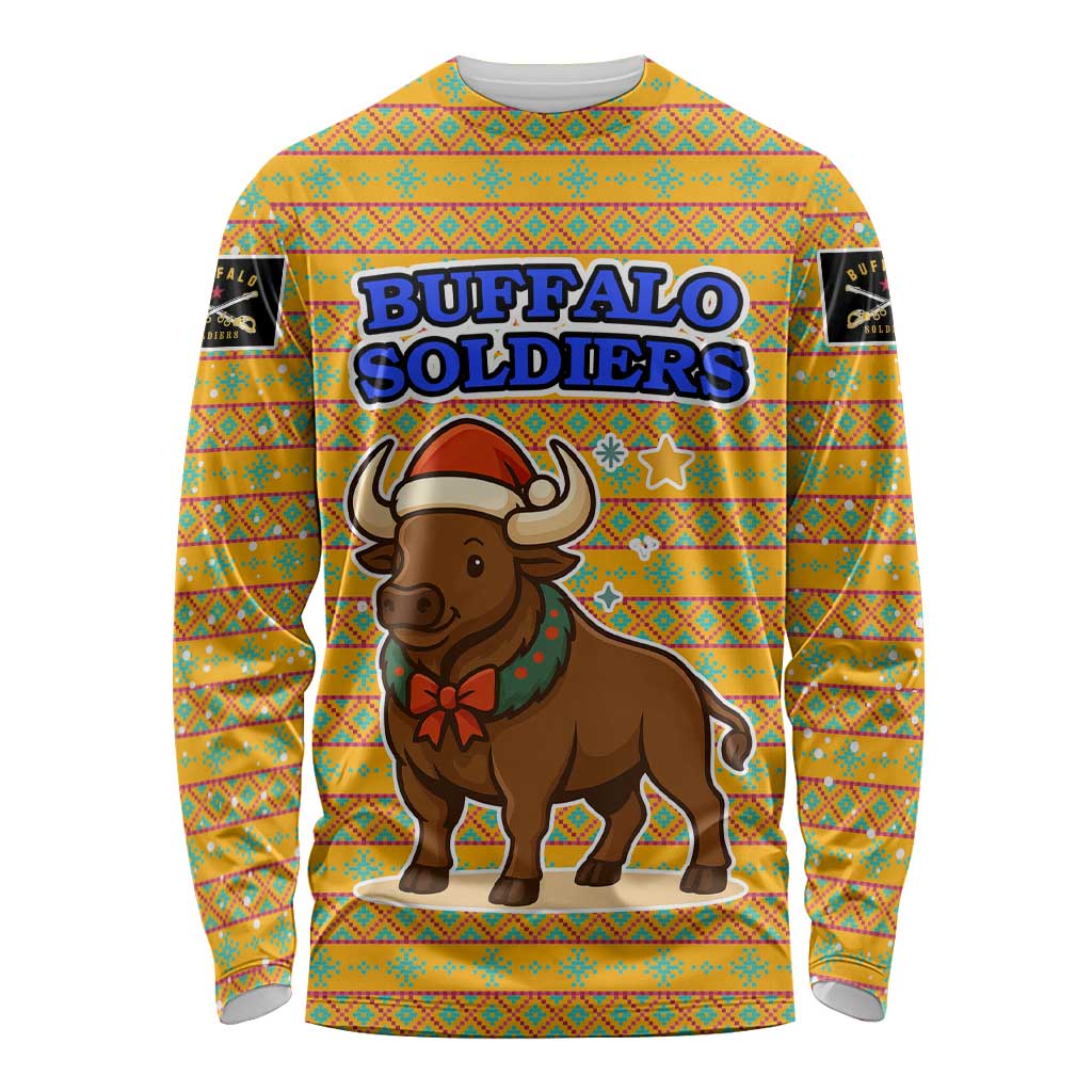 Buffalo Soldiers Christmas Long Sleeve Shirt with Yellow Cartoon Buffalo Santa Hat Design - Wonder Print Shop