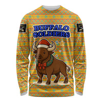 Buffalo Soldiers Christmas Long Sleeve Shirt with Yellow Cartoon Buffalo Santa Hat Design - Wonder Print Shop