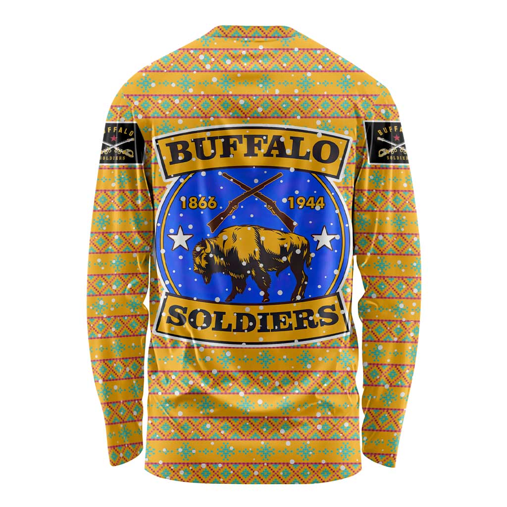 Buffalo Soldiers Christmas Long Sleeve Shirt with Yellow Cartoon Buffalo Santa Hat Design - Wonder Print Shop