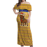 Buffalo Soldiers Christmas Off Shoulder Maxi Dress with Yellow Cartoon Buffalo Santa Hat Design - Wonder Print Shop