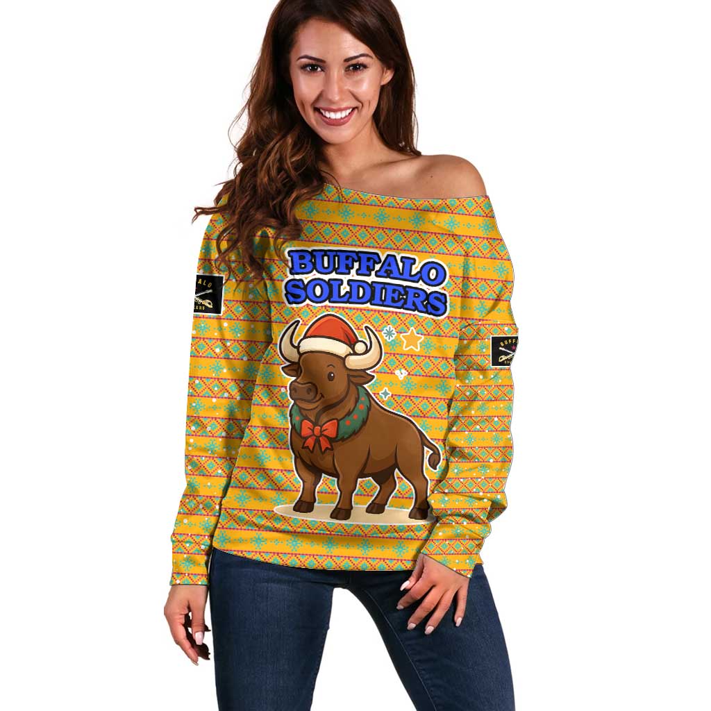 Buffalo Soldiers Christmas Off Shoulder Sweater with Yellow Cartoon Buffalo Santa Hat Design - Wonder Print Shop